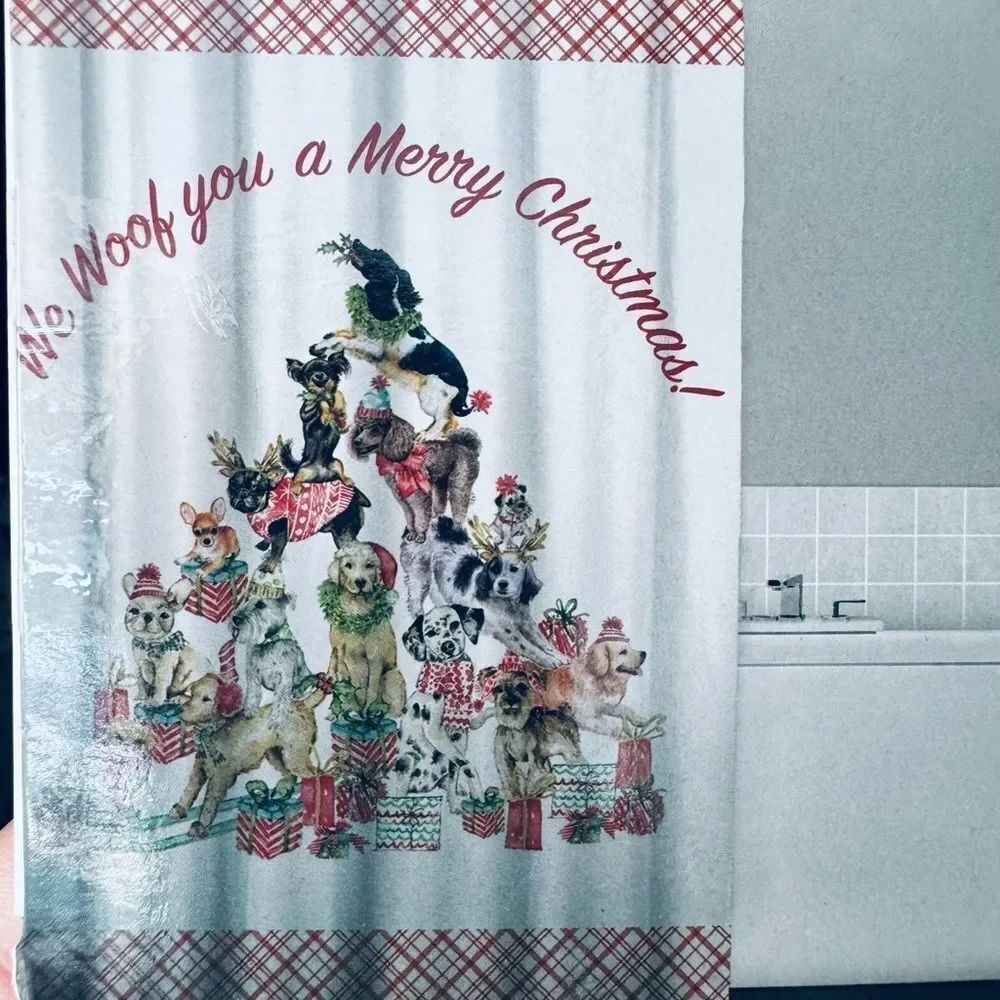 Woof Merry Christmas Holiday Pyramid Dogs Shower Curtain